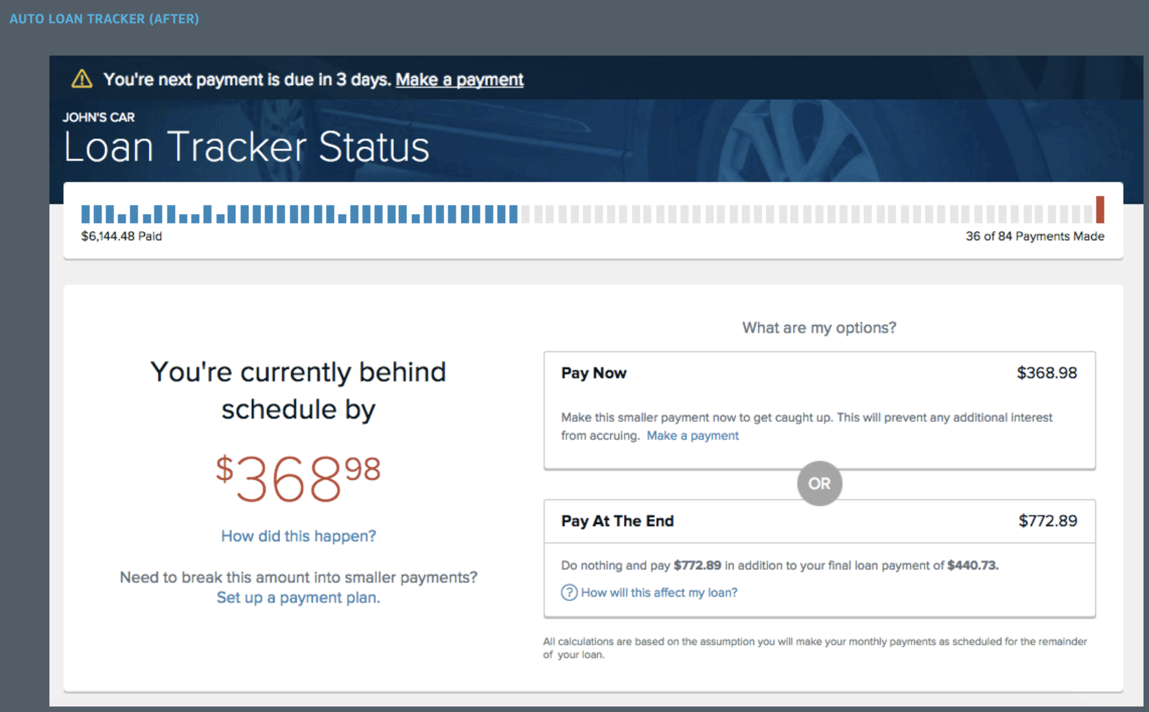 Loan Tracker Status — desktop view with payment options