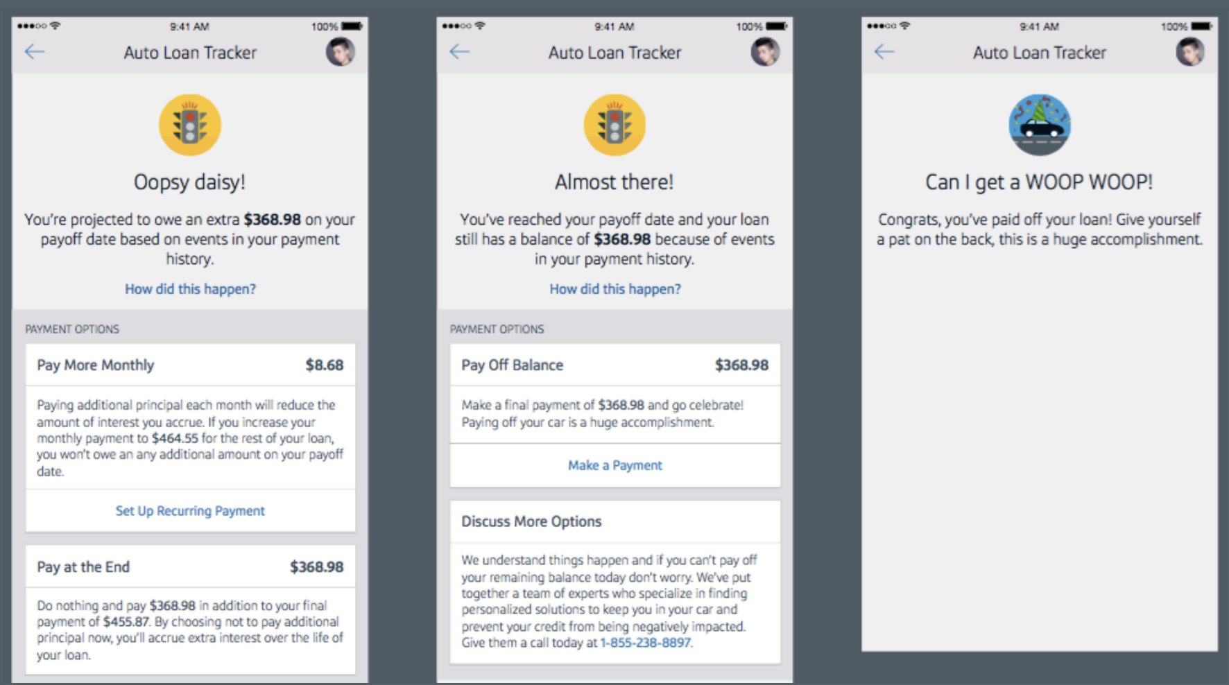 Mobile notifications — Oopsy daisy, Almost there, WOOP WOOP