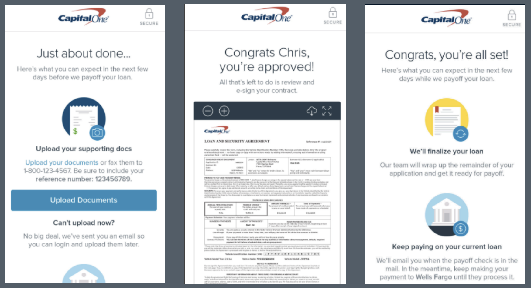 Auto Refinance — approval and confirmation screens