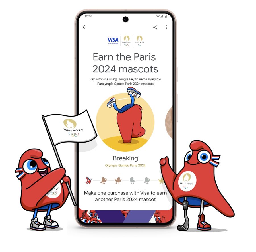 Paris 2024 mascots with phone mockup