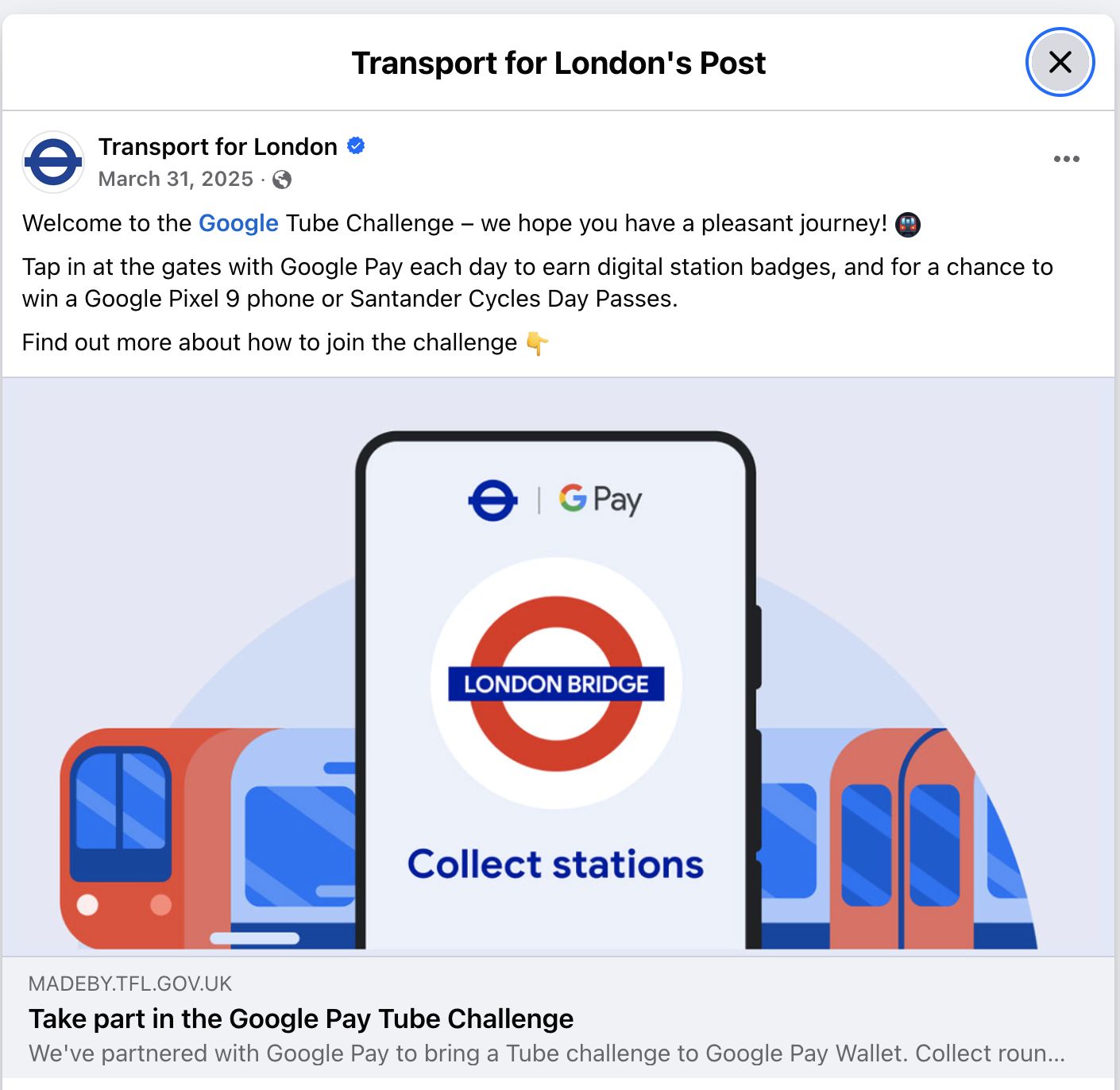Transport for London Facebook post