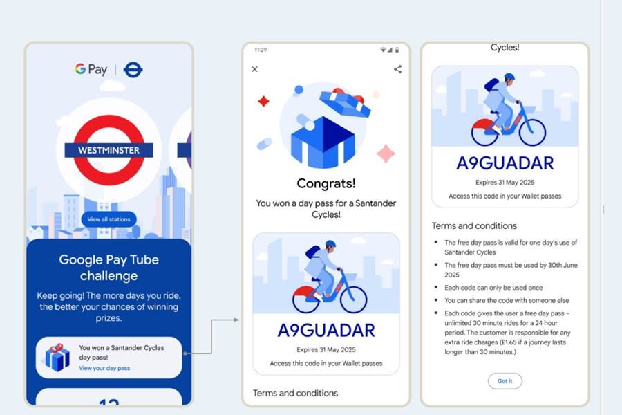 Google Pay Tube Challenge prize screens