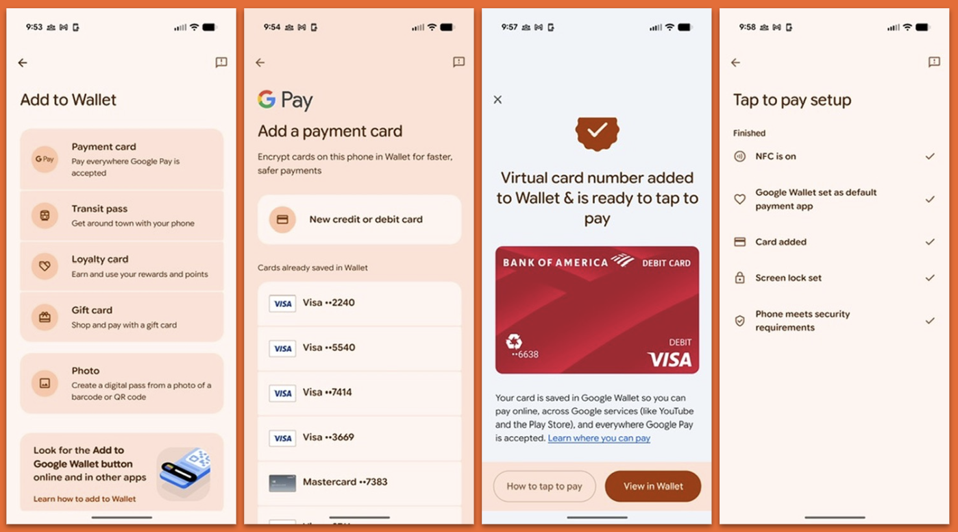 Add to Wallet — adding a payment card and setting up tap to pay
